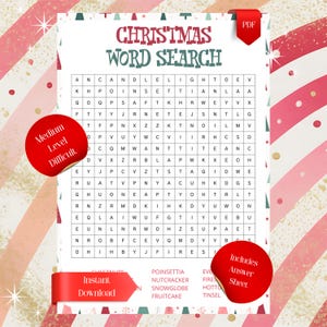 以下が含まれることがあります： 「CHRISTMAS WORD SEARCH」というタイトルのクリスマス単語探しパズルシート。文字のグリッドとホリデー関連の単語リストが記載されています。赤い円形のバッジには、中級レベルであることと解答用紙が含まれていることが示されています。