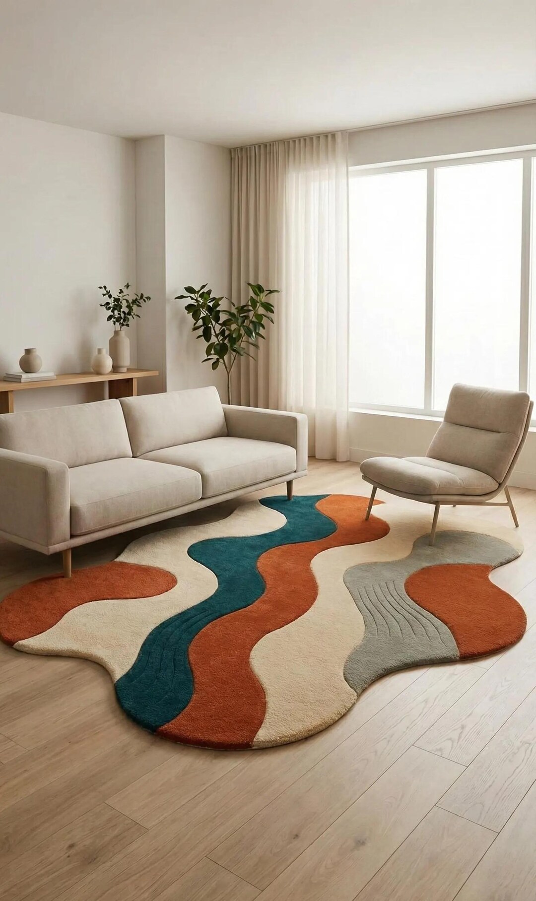 Abstract Curved Wave Hand-tufted Wool Rug, Earth-tone Modern Area ...