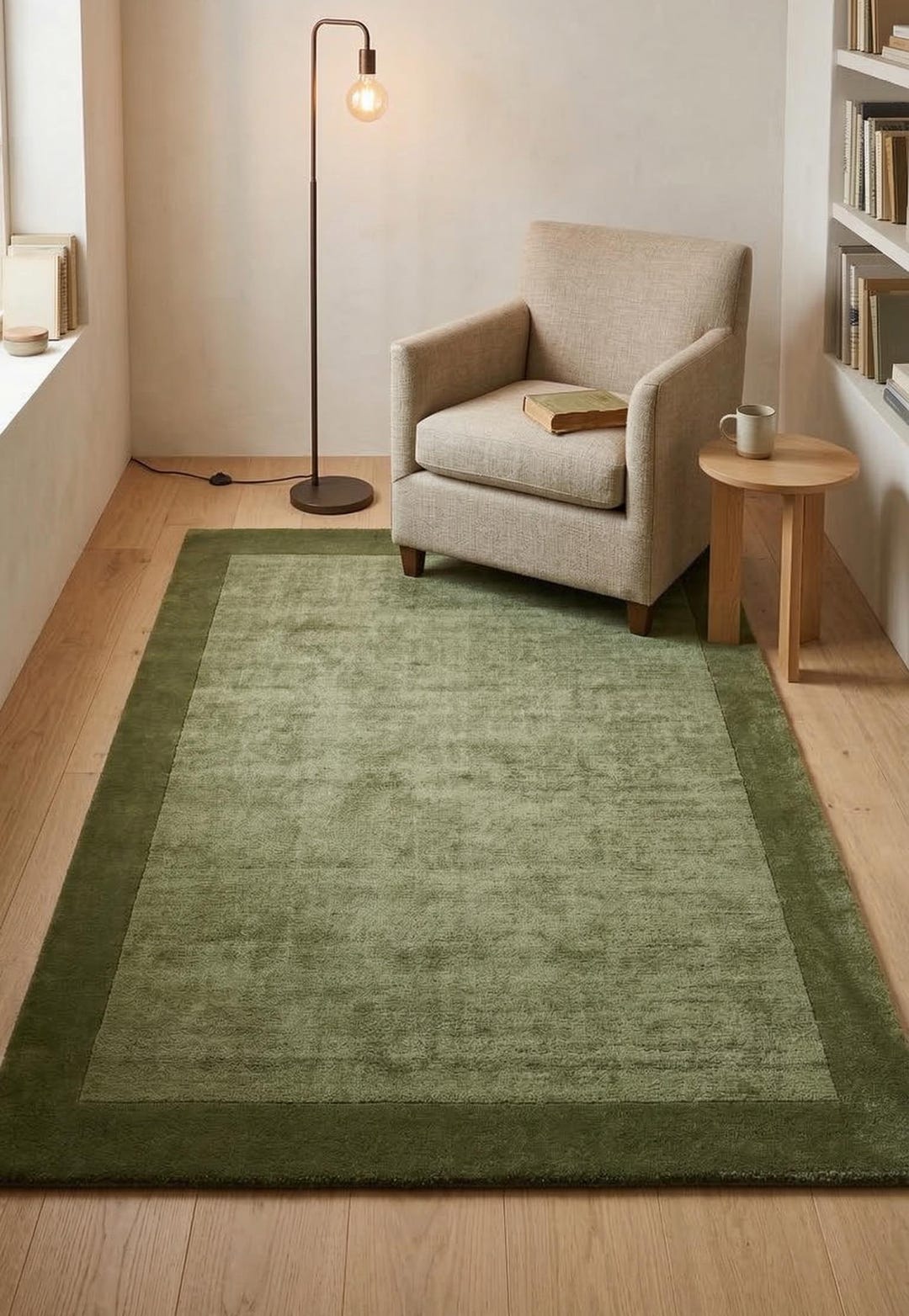 Olive Green Minimalist Area Rug, Modern Solid Border Carpet ...