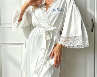Bata de satén para mujer con bordado personalizado, bata de novia de satén personalizada, regalo para la novia, luna de miel, regalo para la novia, regalo de boda, ropa de estar por casa.