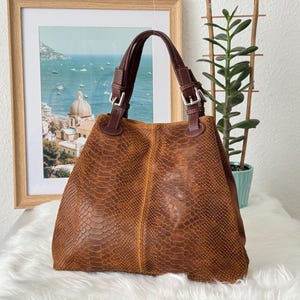 Leder Handtasche Damen Made in Italy Python-Prägung Schultertasche Cognac Braun Echtleder Hobo Bag Vintage Italienische Ledertasche