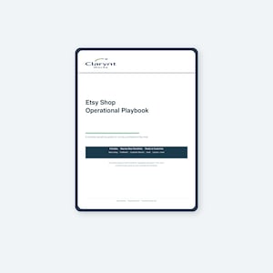 May include: A digital document titled "Etsy Shop Operational Playbook" on a tablet. The document has a white background with dark blue borders and text. The document includes the Clarynt Works logo and a list of guides.