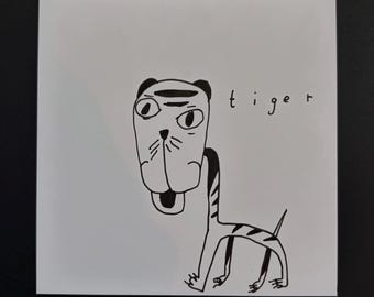 Minimal Tiger Print | Black and White Animal Art | Square Ink Illustration | Weird Cute Wall Decor