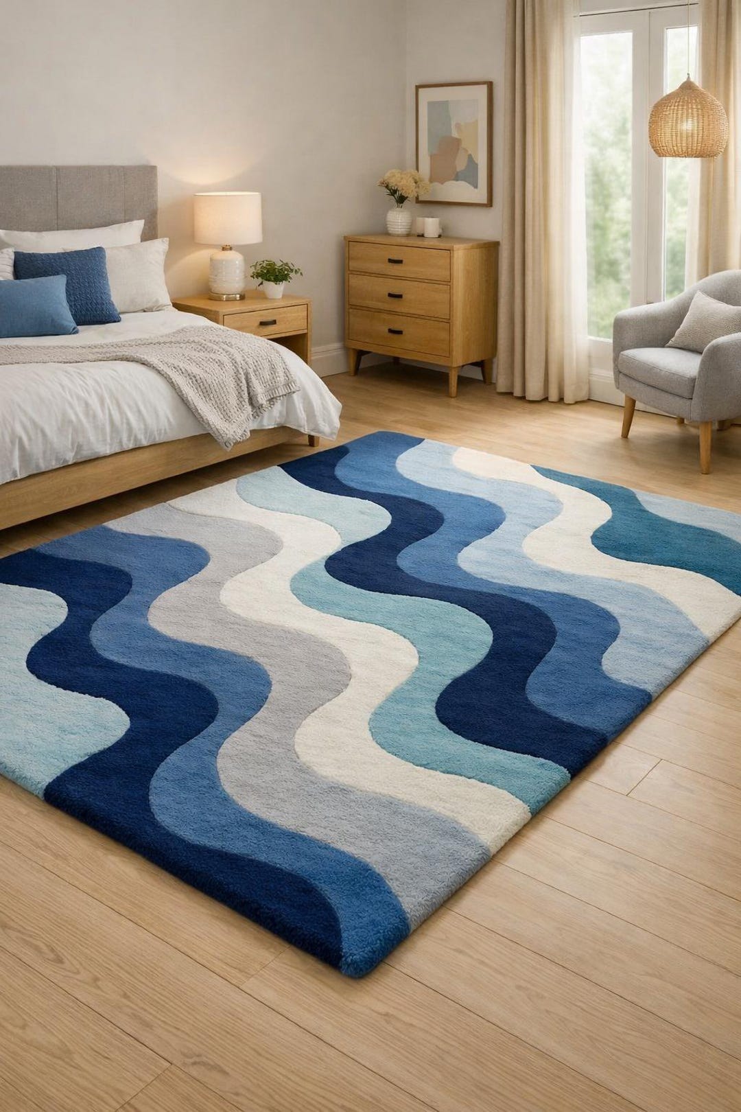 Hand Tufted Blue Wave Wool Rug, Modern Abstract Area Carpet, Living ...