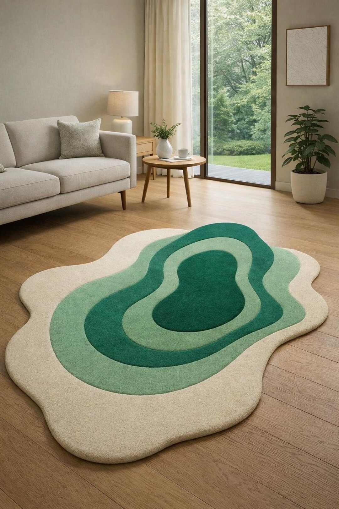 Hand Tufted Organic Shape Green Area Rug, Modern Abstract Wool Carpet ...