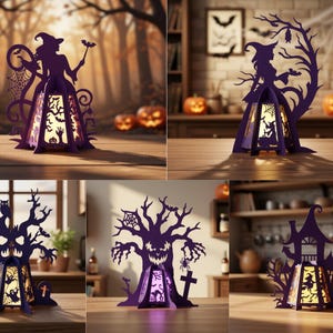 May include: A collection of five purple laser-cut decorative lanterns featuring intricate Halloween-themed silhouettes. Each lantern displays detailed cutouts of witches, haunted trees, cobwebs, and spooky structures, illuminated from within by a warm light.