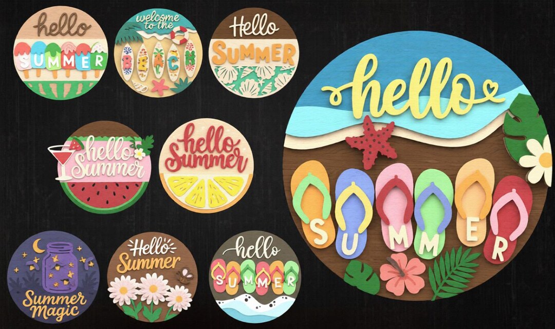 Hello Summer SVG Bundle, Layered Door Hanger SVG, Summer Round Sign ...