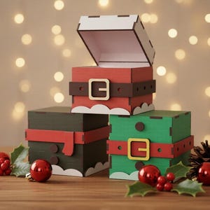 Julklappsask SVG-paket, laserskurna filer med jultomtens älvdräkt, förvaringslåda i trä med godis
