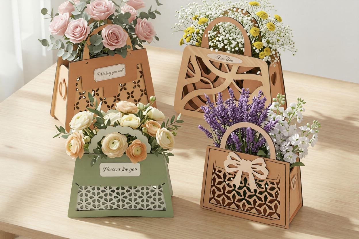 Floral Gift Basket SVG Bundle, Laser Cut Flower Box Handbag, Wedding ...