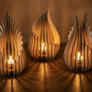 Flame Lantern Bundle SVG, Spiral Candle Holder Laser Cut File, 3D Wooden Tealight CNC DXF, Glowforge Cricut Download