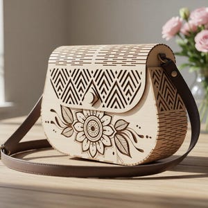 Könnte beinhalten: Eine hellfarbene Umhängetasche aus Holz mit floralem Design und geometrischen Mustern. Die Tasche hat einen braunen Lederriemen und eine dekorative Klappe. Die Tasche steht auf einer Holzoberfläche.
