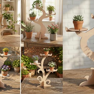 May include: A wooden plant stand in a tree-like design, featuring multiple circular shelves to hold potted plants. The stand is made of light-colored wood and is displayed with various plants, including succulents and flowering plants. The stand is approximately 48 inches tall.