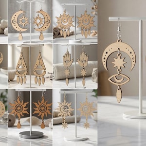 May include: Wooden celestial-themed earrings in various designs, including moons, stars, suns, and eye motifs. The earrings are displayed on white stands, showcasing their intricate laser-cut details and natural wood color. The collection includes dangling and stud styles.