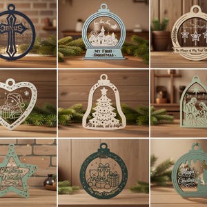 Puede incluir: Una colección de nueve adornos navideños de madera cortados con láser que presentan varios diseños, incluyendo una cruz con la palabra JESUS, una bola de nieve con Santa, estrellas con The Magic of My First Christmas, un corazón con un oso, un árbol, un nacimiento, una estrella, regalos y un ciervo.