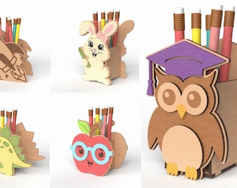 Pencil Holder SVG Bundle, Kids Pen Stand Laser Cut File, Animal Pencil Holder SVG, School Desk Organizer Cricut Glowforge SVG
