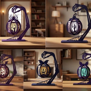 Op de afbeelding: Een collectie van vijf paarse decoratieve standaards, elk met een skeletachtige hand die omhoog reikt om een bolvormige lantaarn op te hangen. De lantaarns tonen diverse uitgesneden silhouetten, waaronder een spin, een heks, vleermuizen en spookhuizen.