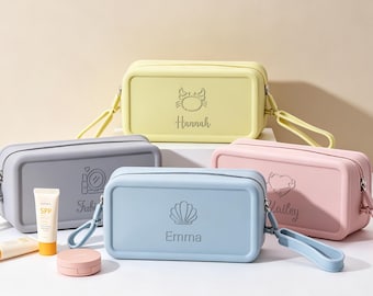 Trousse de maquillage de plage personnalisée, cadeaux de plage imperméables, trousse de maquillage de plage, trousse de maquillage en silicone, cadeau d'enterrement de vie de jeune fille