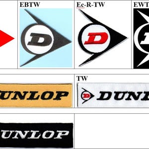 Pode incluir: Uma coleção de sete emblemas bordados com o logótipo Dunlop em várias combinações de cores. Quatro emblemas exibem o ícone de seta triangular com a letra D, enquanto três emblemas retangulares apresentam a palavra DUNLOP em preto ou branco.