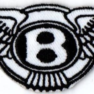May include: A black and white embroidered patch featuring a stylized winged emblem with a central circle containing the letter B. The design includes symmetrical feathered wings extending from the sides of the circular center piece with black stitching.