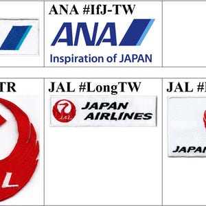May include: A collection of five rectangular and circular embroidered patches featuring airline logos. The patches display the blue ANA logo, the ANA Inspiration of JAPAN logo, and three red and white JAL Japan Airlines logo variations.