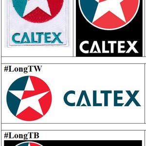 Op de afbeelding: Een verzameling van vier Caltex-merklogo's en patches. Twee vierkante patches tonen een witte ster op een rode en blauwgroene cirkelvormige achtergrond met de tekst CALTEX. Twee rechthoekige logo's tonen hetzelfde ster-embleem met de tekst.