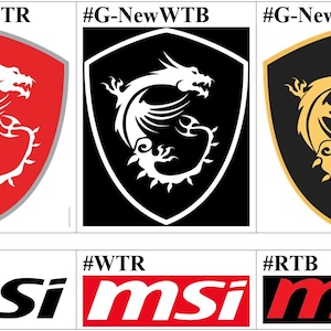 May include: A collection of MSI brand logos featuring four shield-shaped emblems with dragon graphics and five rectangular text logos. The shield designs include red, black, and gold color schemes with text labels #G-HBWTR, #G-NewWTR, #G-NewWTB, and #G-NewGOTB.