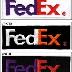 May include: A set of three rectangular embroidered patches featuring the FedEx logo. The first patch has purple and orange text on a white background. The second has white and orange text on black. The third has purple and orange text on black.