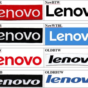 May include: A collection of eight rectangular embroidered patches featuring the Lenovo logo in various colour combinations, including white text on red, black text on white, white text on black, white text on blue, and red text on white backgrounds.