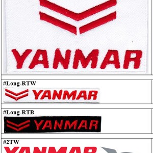 Puede incluir: Una colección de parches rectangulares bordados con el logotipo y el texto rojo de Yanmar. El conjunto incluye parches blancos con bordado rojo, un parche negro con bordado rojo y un gráfico blanco con texto rojo y un icono de pájaro gris.