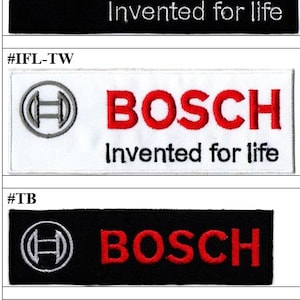 May include: A collection of four rectangular embroidered patches featuring the Bosch logo in red and white or red and black. Two patches include the text Invented for life in white or black thread, while two feature only the Bosch brand name.