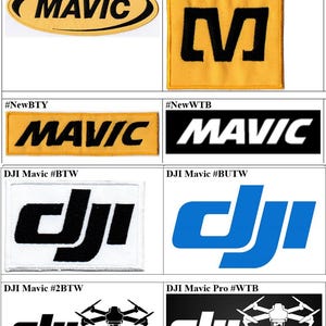 Op de afbeelding: Een collectie van acht rechthoekige en ovale geborduurde patches met de Mavic- en DJI-logo's in diverse kleurcombinaties, waaronder geel, zwart, wit en blauw, waarbij sommige ontwerpen drone-silhouetten en tekst bevatten.