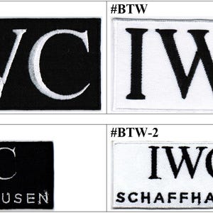 May include: Four rectangular embroidered patches featuring the text IWC in a serif font. Two patches are black with white embroidery, and two are white with black embroidery. Two patches include the additional text SCHAFFHAUSEN below the IWC logo.