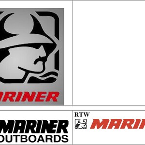 Könnte beinhalten: Ein grafisches Logo mit dem stilisierten Profil einer Person mit breitkrempigem Hut in einem abgerundeten Quadrat, darunter das Wort MARINER in roter Schrift. Weitere Varianten enthalten den Text MARINER OUTBOARDS in Schwarz und Rot.
