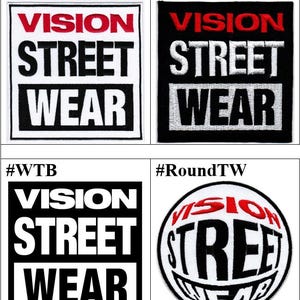 Peut inclure: Un ensemble de quatre écussons brodés portant le texte VISION STREET WEAR. Trois écussons sont carrés avec des combinaisons de couleurs noir et blanc et des lettres rouges, tandis qu'un écusson est circulaire avec une disposition incurvée.