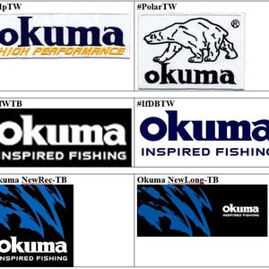 Puede incluir: Una colección de seis parches rectangulares bordados con el logotipo de la marca Okuma. Los diseños incluyen el texto Okuma High Performance, un gráfico de oso polar con el logo de Okuma y el texto Okuma Inspired Fishing en varios formatos.