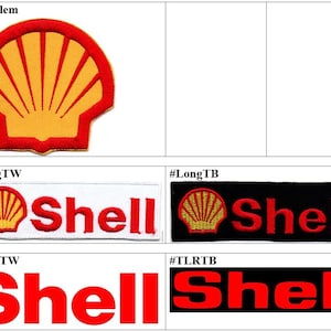 May include: A collection of embroidered patches featuring the Shell logo. The set includes a yellow and red scallop shell emblem, two rectangular patches with the Shell logo and text in red on white and black backgrounds, and two text-only patches.