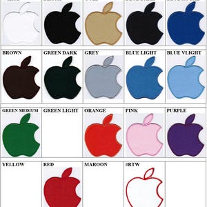May include: A collection of seventeen embroidered apple-shaped patches displayed in a grid. Each patch features a solid color, including white, black, gold, dark blue, royal blue, brown, dark green, grey, light blue, very light blue, medium green, light green, orange, pink, purple, yellow, red, maroon, and a white patch with a red outline labeled #RTW.