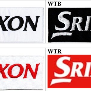 May include: Four rectangular embroidered patches featuring the Srixon logo. The top left patch is white with black text, the top right is black with white text, the bottom left is white with red text, and the bottom right is red with white text.