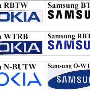May include: A grid of eleven rectangular patches featuring brand logos. The collection includes Blackberry, Nokia, and Samsung logos in various color combinations such as black on white, white on black, blue on white, and white on blue backgrounds.