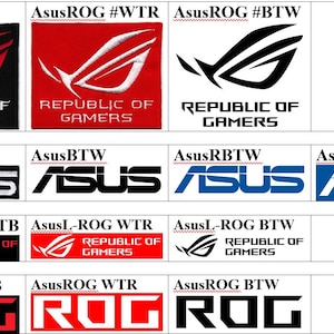 Peut inclure: Une collection d'écussons brodés présentant le logo et le texte Asus Republic of Gamers. Les motifs incluent diverses combinaisons de couleurs noir, blanc, rouge et bleu, affichant le texte Republic of Gamers, Asus et ROG dans différentes dispositions.