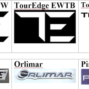 以下が含まれることがあります： Tour Edgeの様々なテキストやアイコンの構成、Tommy Armour、Top-Flite、Orlimar、Pinnacle、Strataを含むゴルフブランドロゴのグリッド。各セクションには、独自のタイポグラフィ、配色、グラフィックスタイルでブランド名が表示されています。