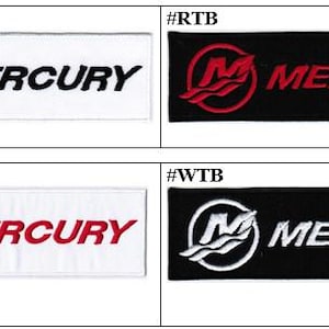 May include: Four rectangular embroidered patches featuring the Mercury logo and text. The top left patch is white with black embroidery, top right is black with red, bottom left is white with red, and bottom right is black with white embroidery.