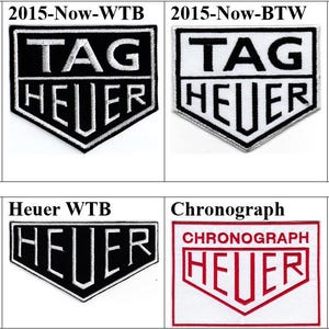 Puede incluir: Una colección de siete parches bordados en forma de escudo con el logotipo de TAG Heuer en varias combinaciones de colores, incluyendo negro, blanco, rojo y verde. Cada parche muestra el texto TAG HEUER, HEUER o CHRONOGRAPH HEUER en estilos.