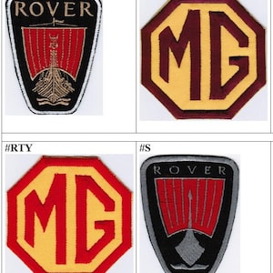 Puede incluir: Cuatro parches bordados con logotipos de automóviles. Dos parches en forma de escudo muestran la palabra ROVER sobre un gráfico de un barco vikingo rojo. Dos parches octogonales presentan las letras MG en rojo sobre fondo amarillo.