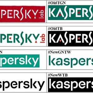 Puede incluir: Una colección de ocho variaciones de logotipos rectangulares para Kaspersky. Los cuatro superiores presentan el texto estilizado KASPERSKY lab en blanco o verde sobre fondos rojos, verdes o negros. Los cuatro inferiores muestran el texto kaspersky en minúsculas.