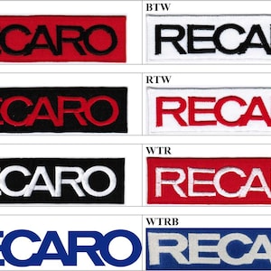 May include: A collection of eight rectangular embroidered patches featuring the RECARO logo in various colour combinations including red, black, white, and blue. Each patch displays the brand name in a bold, sans-serif font with contrasting thread colours.