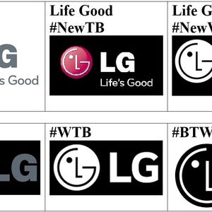 May include: A grid of nine LG brand logo variations featuring the circular red and white icon with the letters LG and the text Life's Good in various colour combinations including black, white, grey, and red backgrounds with specific hashtags.