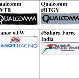 May include: A collection of eight rectangular embroidered patches featuring various logos. The patches include Qualcomm in black on white, white on black, black on gray, and blue on white. Other patches display Manor, Manor Racing, Sahara Force India, and a white S on a red background.