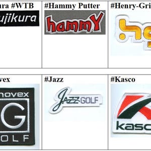 Puede incluir: Una colección de nueve parches bordados de marcas de golf con logotipos de Fujikura, Hammy Putter, Henry-Griffitts, Hippo, Infiniti Golf, Innovex, Jazz Golf y Kasco. Cada parche muestra textos y diseños gráficos distintos en varios colores.