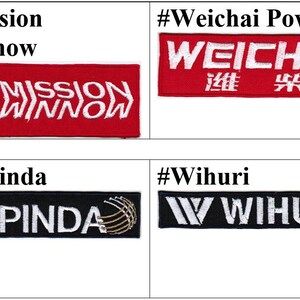 Puede incluir: Una colección de ocho parches rectangulares bordados con varios logotipos corporativos. Los parches incluyen NEC, Mission Winnow, Weichai Power, MAHLE, Randstad, Sapinda, Wihuri y BT Group, mostrados en texto blanco sobre fondos negros o rojos.